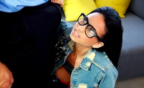 Svelte american youthful Raven Bay work on big dick and gets a cum blast on her face 